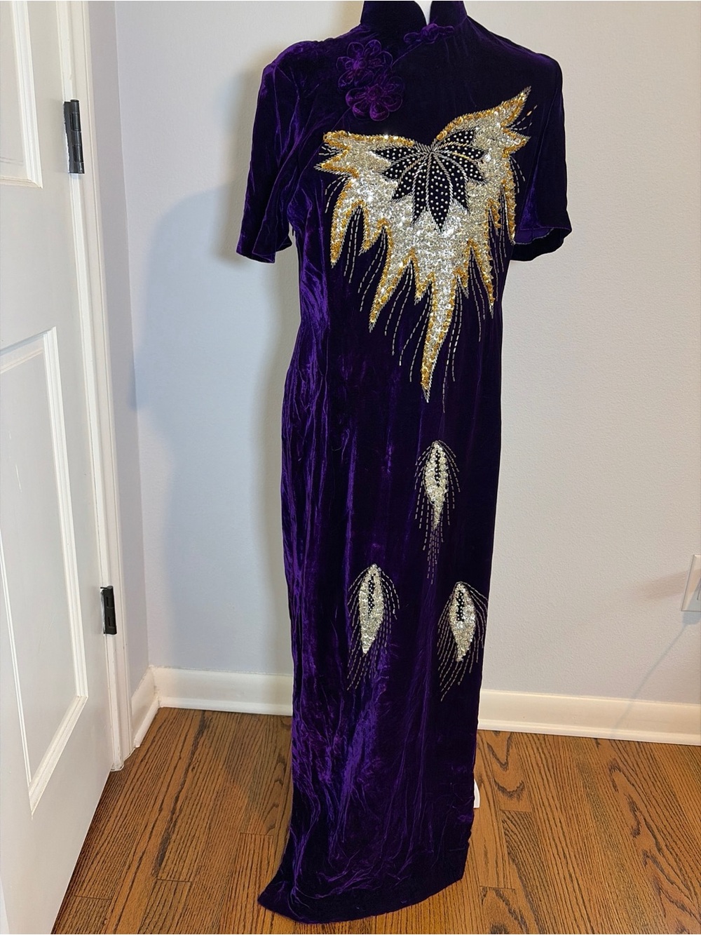 Vtg Purple Velvet Ao Dai Dress S Sequined Beaded Maxi Whimsigoth 90s Formal Gown